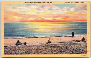 VINTAGE POSTCARD SUNRISE ON THE OCEAN AT OCEAN CITY MARYLAND 1940s