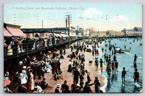 Atlantic City New Jersey~Bathing Beach Scene~Boardwalk Audience~Boat~1910 PC