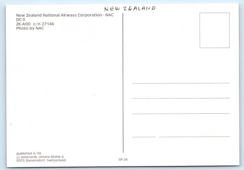 New Zealand National Airways Corporation DC-3 Plane 4x6 Postcard