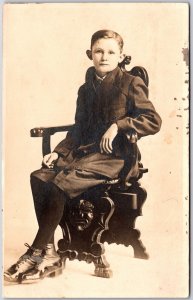 1910's Photograph Of A Boy Sitting On A Wooden Chair Posted Postcard