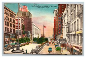 Vintage 1953 Postcard US Flag Fountain & Government Square Cincinnati Ohio