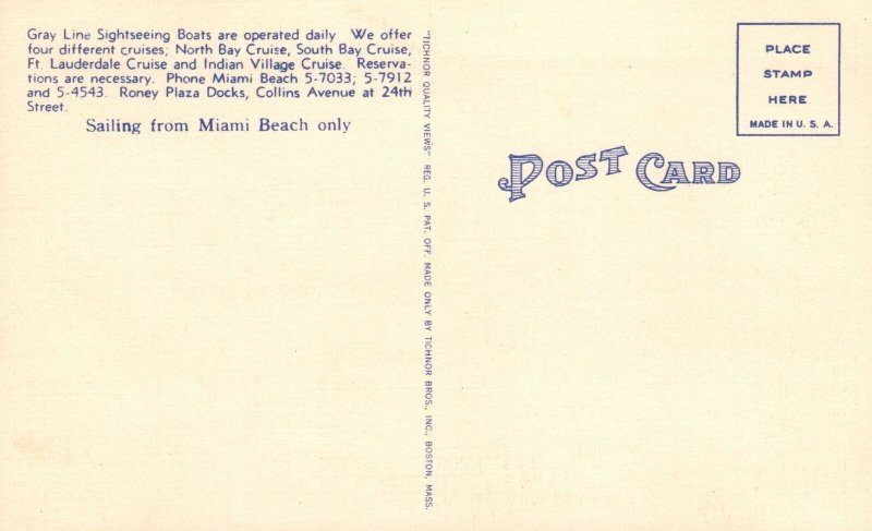 Vintage Postcard Gray Line Sightseeing Boats Roney Plaza Docks Miami Beach Fla.