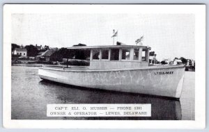 1930-50's LEWES DELAWARE CAPTAIN ELI MUSSER BOAT LYDIA-MAY ADVERTISING POSTCARD