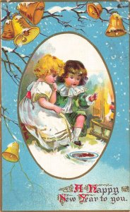 Vintage New Years Postcard with Children & Bells, Early 1900s