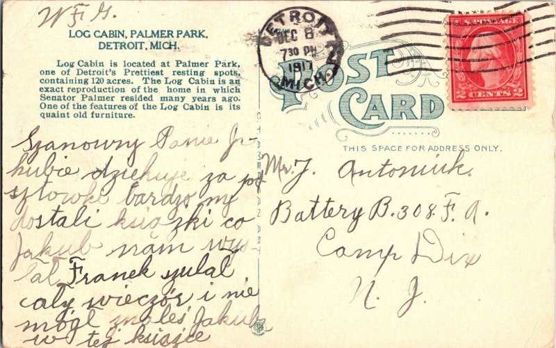 Palmer Park Detroit Michigan Log Cabin Wb Postcard Cancel 2c Stamp Red Antique 