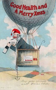 Mad Scientist Professor In Hot Air Balloon To London Old Comic Postcard