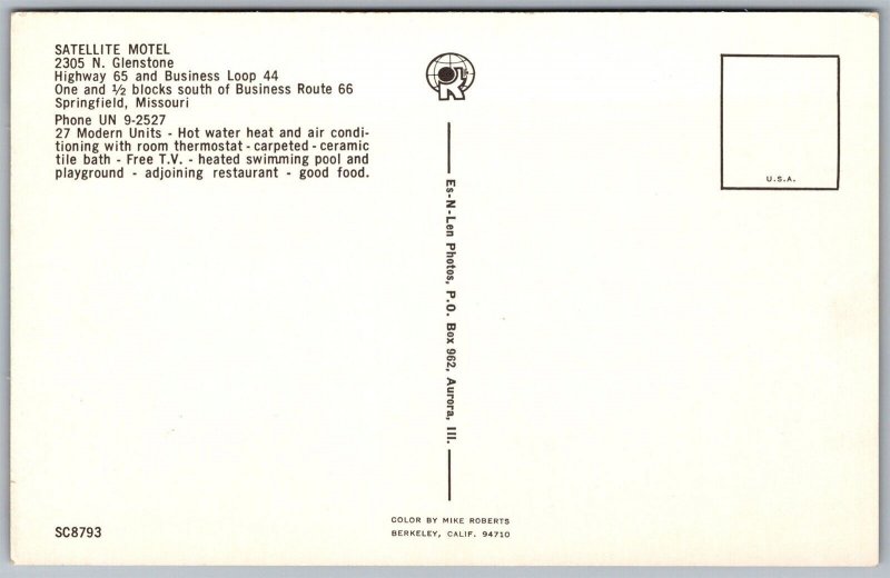 Vtg Springfield Missouri MO Satellite Motel Route 66 1960s Roadside Postcard
