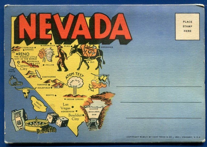 State of Nevada nv Map Reno Carson City Las Vegas Lake Tahoe postcard folder