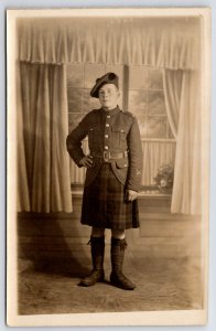 North Wales~Rhyl & Kinmel Highland Soldier~Tam O’ Shanter~Tartan Kilt~WWI RPPC