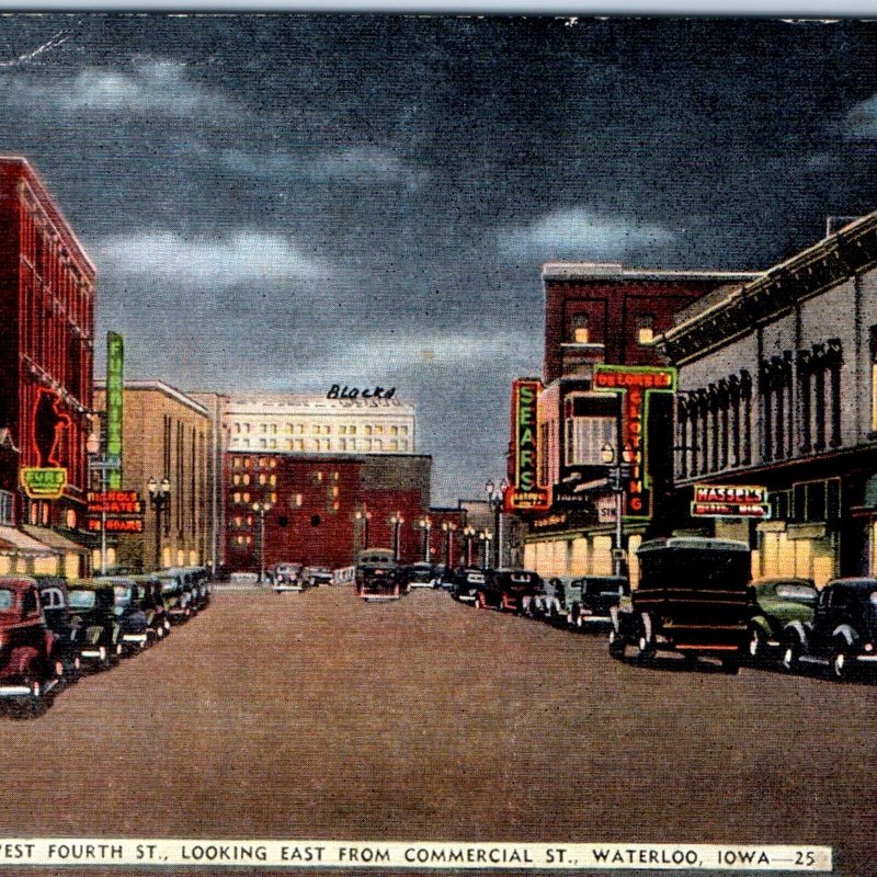 c1930s Waterloo, IA Downtown Night West 4th St Linen Photo Postcard Ford Car A62