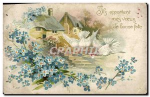 Old Postcard Fantasy Flowers Doves