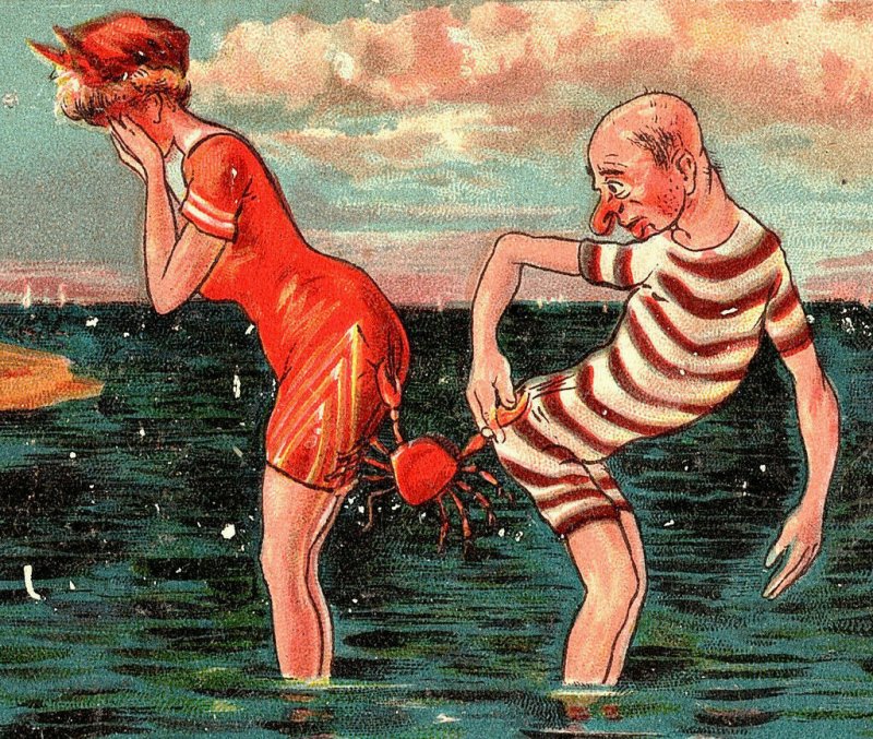 Woman Man Swimsuits Crab Pinching Butts Vintage Dresden Standard View Postcard 