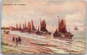 1909 Return Of The Fisherman Fishing Boats Signed Antique Posted Postcard
