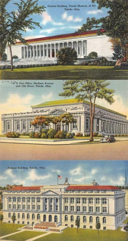 TOLEDO, OH Ohio  FEDERAL BUILDING~POST OFFICE~ART MUSEUM  *3* c1940's Postcards