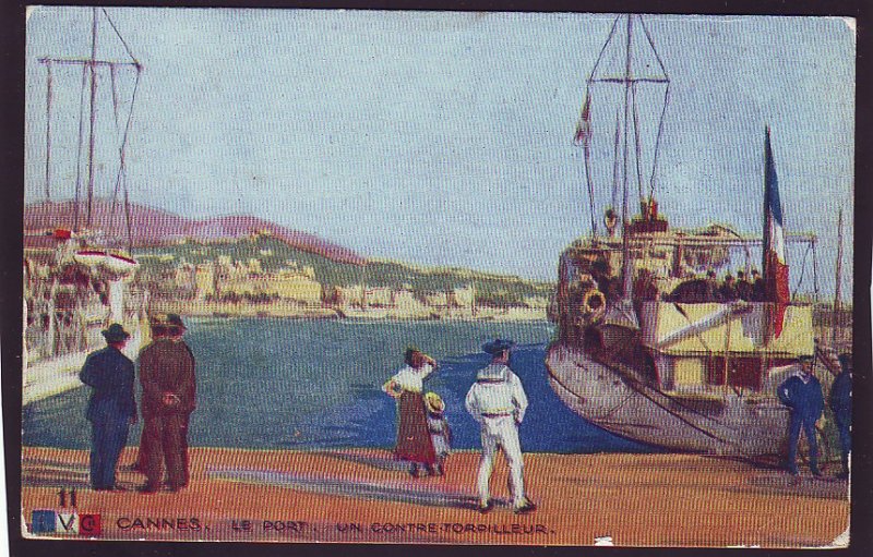 P1444 old unused postcard navy ships cannes le port un contre torpilleurl france