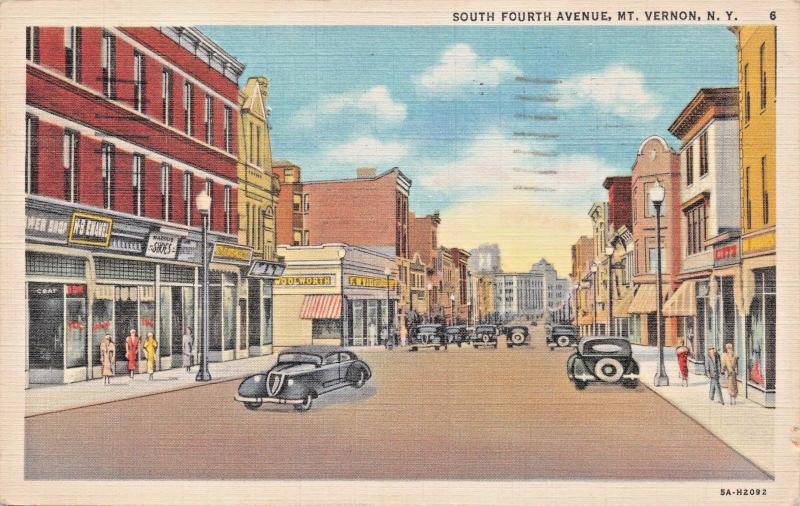 MT VERNON NEW YORK~SOUTH FOURTH AVENUE-STYLISH AUTOS-STOREFRONTS POSTCARD 1936