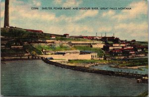 Linen Postcard Smelter, Power Plant and Missouri River in Great Falls, Montana