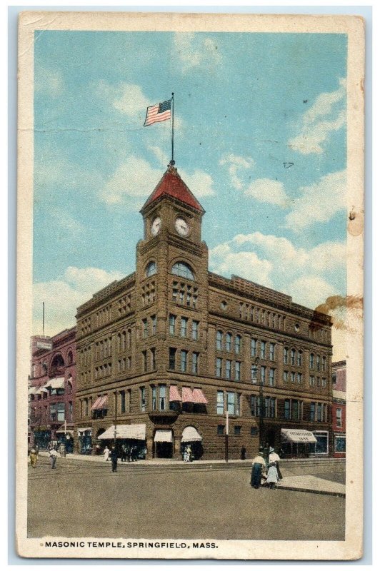 1918 Masonic Temple Clock Tower Entrance Springfield Massachusetts MA Postcard