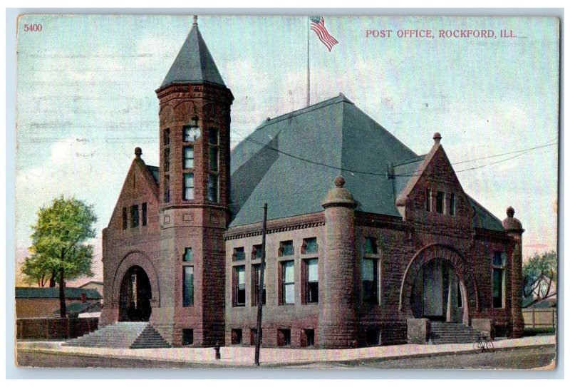1909 Post Office Building Facade Entrance Stairs Rockford Illinois IL Postcard