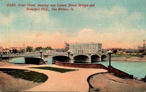 Iowa Des Moines River Front Showing New Locust Street Bridge and Municipal Bu...