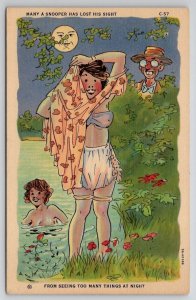 Humor Snooper Lost His Sight Risque Women In Lake Under Moon Postcard O23