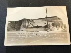 Postcard 1933 LONG BEACH CA demolished Post Office 7th & Redondo earthquake RPPC