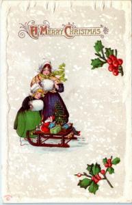 CHRISTMAS GREETING  Bundled Up GIRLS, TOYS on SLED   c1910s F Sander   Postcard