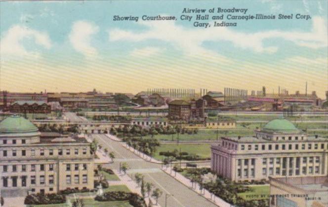 Indiana Gary Airview Of Broadway Showing Court House City Hall & Carnegie-Ill...