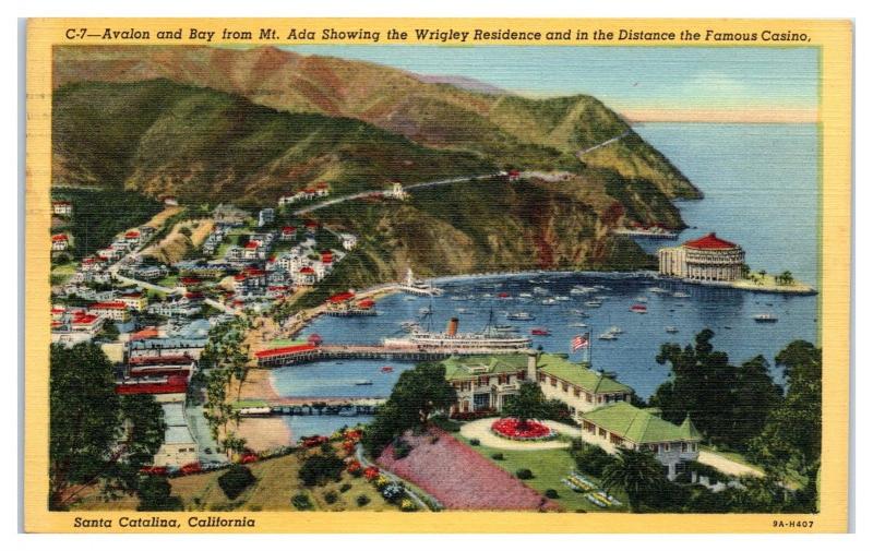 1949 Avalon & Bay, Wrigley Residence from Mt. Ada, Santa Catalina, CA Postcard