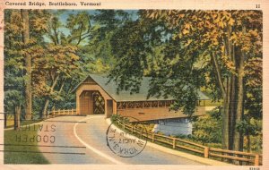 Vintage Postcard 1955 Covered Bridge Roadway Pathway Brattleboro Vermont VT