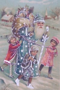 Santa Claus Blue Robe Gel Children Old World Antique Vintage Christmas Postcard