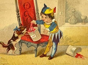 1880s Dept. Store Chromo Card Cute Jester Kitten Cat Spilling Jam