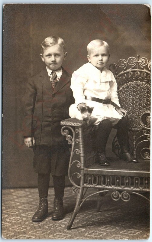 c1910s Lima, OH Cute Kitten RPPC w/ Handsome Young Boys Real Photo Postcard A86