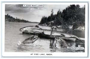 Saskatchewan Canada RPPC Photo Postcard Giant Fishes Boat Load Fife Lake c1920's