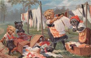 A/S Thiele Dressed Cat Postcard Ser.1602 Boys Mess up Clean Laundry,Moms get Mad