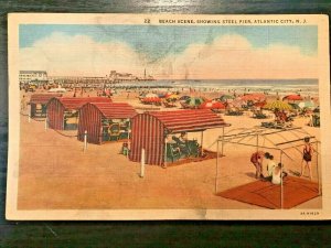Vintage Postcard 1934 Beach Scene Cabanas Steel Pier Atlantic City New Jersey