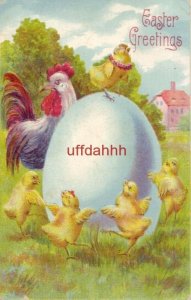 embossed EASTER GREETINGS CHICKS AND ROOSTER DANCE AROUND EGG printed in Saxony