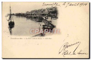 Old Postcard Trouville Harbor at high tide boat