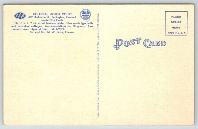 Vintage Vermont Postcard -  Colonial Motor Court   Burlington