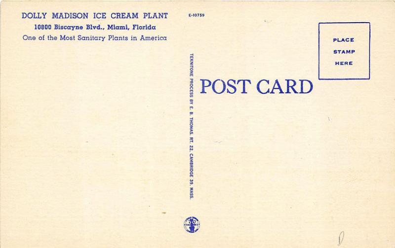 Miami FL Dolly Madison Ice Cream Plant Factory Linen Postcard United
