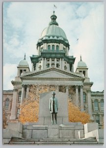 Springfield IL~Abe Lincoln Statue & State Capitol~Continental Postcard