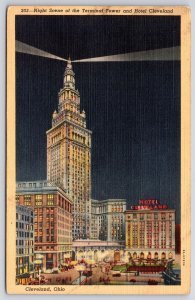 1942 Night In Terminal Tower And Hotel Cleveland Ohio OH Lights Posted Postcard