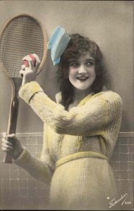 Pretty Woman in Sweater Dress Tennis Racket Tinted Real Photo Vintage Postcard