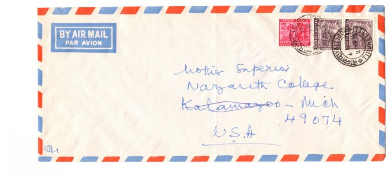 India Air Mail Cover, Used to Mother Superior, College Kalamazoo, Michigan