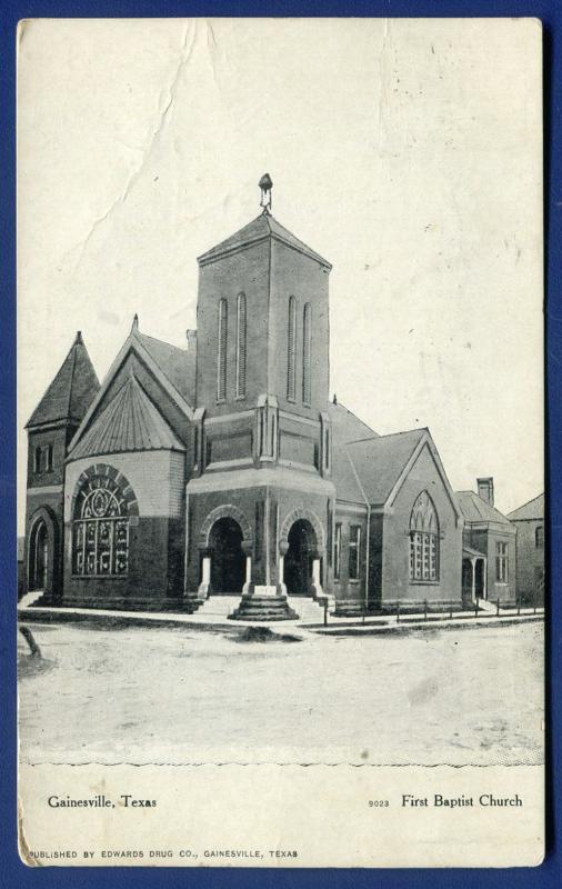 Gainesville Texas tx First Baptist Church old litho postcard