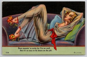 Modern Girl Risque Woman Sheer Robe Lying On Sofa Curteich Linen Postcard S21