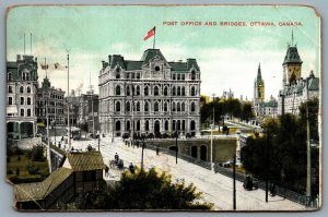 Postcard Ottawa Ontario c1909 Post Office and Bridges Trolley Car Flag Nerlich