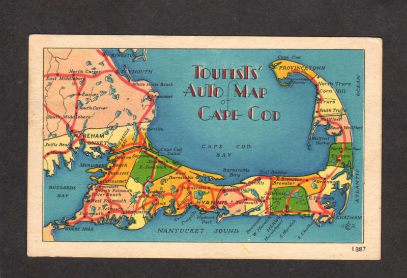 MA Auto Map Cape Cod Massachusetts Hyannis Dennis Brewster Orleans Postcard