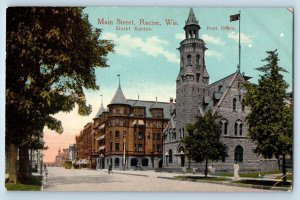 Racine Wisconsin WI Postcard Main Street Hotel Post Office c1910 Vintage Antique