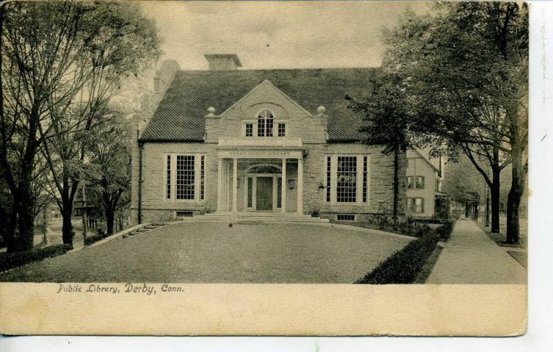 DERBY CONNECTICUT PUBLIC LIBRARY B&W VINTAGE POSTCARD 1908